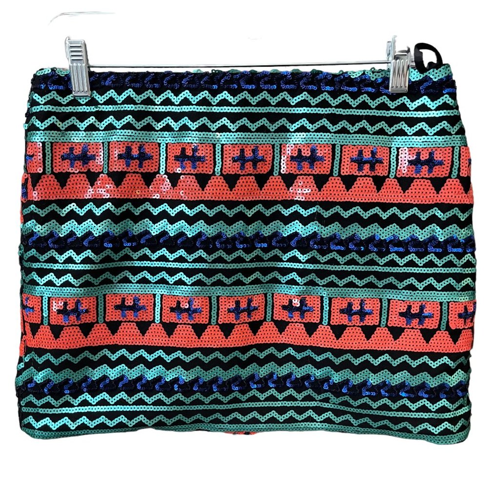Honey Punch Black Mini Skirt with Orange, Blue and Aqua Sequins Size Large EUC